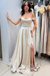 Silver Prom Dress A Line Strapless Off The Shoulder Sleeveless Simple Satin Formal Dress With Slit
