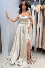 Silver Prom Dress A Line Strapless Off The Shoulder Sleeveless Simple Satin Formal Dress With Slit