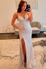 Silver Sequin Spaghetti Strap Mermaid Slit Prom Dress With Crisscross Lace-Up Back Formal Evening Gown