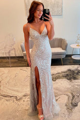 Silver Sequin Spaghetti Strap Mermaid Slit Prom Dress With Crisscross Lace-Up Back Formal Evening Gown