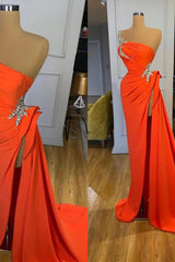 Silver Sequined One Shoulder Orange High Split Prom Dress