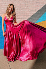 Simple A Line Spaghetti Straps Hot Pink Prom Dress Long Evening Dress with Slit