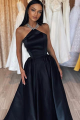 Simple Black Prom Dress A Line Halter Satin Sleeveless Formal Dress