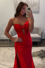 Simple Corset Red Prom Dress Satin Sweetheart Long Formal Dress With Slit