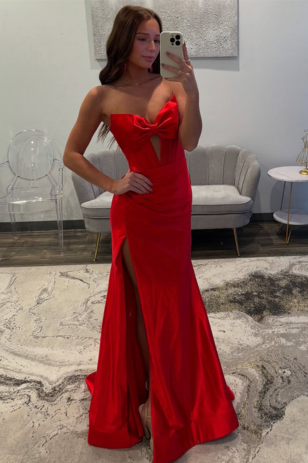 Simple Corset Red Prom Dress Satin Sweetheart Long Formal Dress With Slit