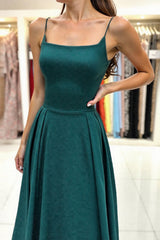 Simple Dark Green Prom Dress Spaghetti Straps A Line Long Formal Dress With Slit
