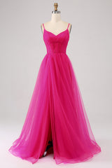 Simple Hot Pink Prom Dress Corset A Line Long Tulle Evening Dress with Slit