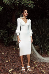 Simple V Neck Wedding Dress Long Sleeve Sheath/Column Bridal Gown
