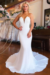 Simple White Boho Mermaid Long Sleeveless Beach Wedding Dress