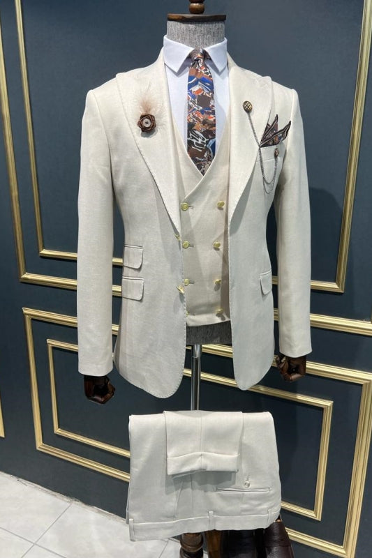 Simple White Peaked Lapel 3 Piece Prom Suit