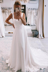 Simple White Square Neck Boho Long Chiffon Beach Wedding Dress