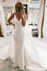 Simple White Watteau Train Boho Long Mermaid Beach Wedding Dress