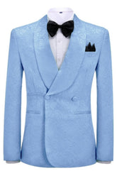 Sky Blue Jacquard Double Breasted Shawl Lapel Wedding Suit New Arrival
