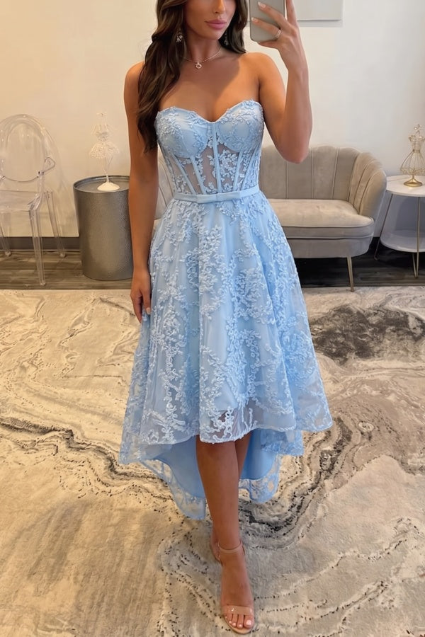 Sky Blue Lace A Line Prom Dress with Sheer Corset Bodice and High Low Hem