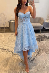 Sky Blue Lace A Line Prom Dress with Sheer Corset Bodice and High Low Hem