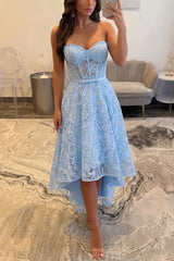 Sky Blue Lace A Line Prom Dress with Sheer Corset Bodice and High Low Hem