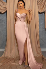 Sky Blue One Shoulder Spaghetti Strap Sweetheart Mermaid Evening Dress with Sequins Split