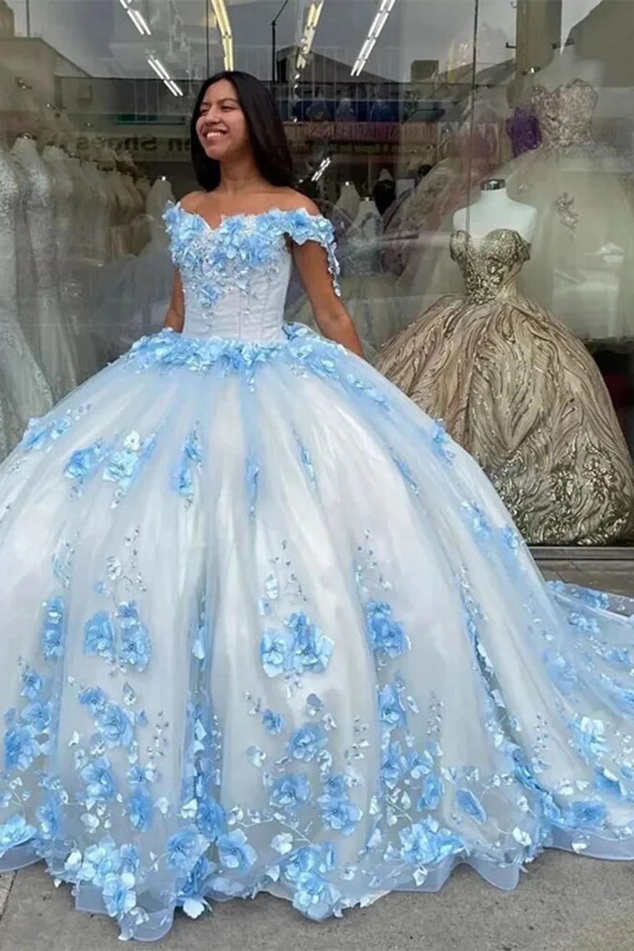 Dreamyannie UK Sky Blue Princess Quinceanera Dresses Off Shoulder Ball Gown 3D Flowers Appliques Beaded Long Train Lace Up Corset Prom Dress Sweet 16 Dress Dreamyannie UK Sky Blue Princess Quinceanera Dresses Off Shoulder Ball Gown 3D Flowers Appliques Beaded Long Train Lace Up Corset Prom Dress Sweet 16 Dress