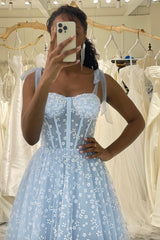 Sky Blue Prom Dress A Line Long Corset Evening Dress With Adjustable Straps