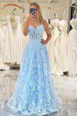 Sky Blue Prom Dress A Line Long Corset Evening Dress With Appliques