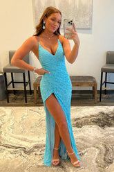 Sky Blue Prom Dress Sequined Lace Up Long Evening Dress with Slit