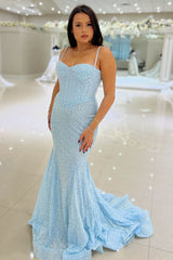 Sky Blue Prom Dress Spaghetti Straps Mermaid Corset Long Evening Dress