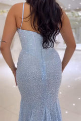 Sky Blue Prom Dress Spaghetti Straps Mermaid Corset Long Evening Dress