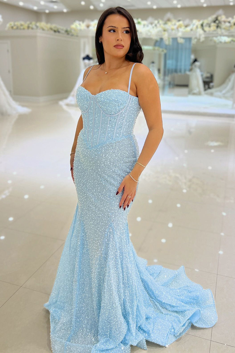 Sky Blue Prom Dress Spaghetti Straps Mermaid Corset Long Evening Dress