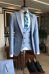 Sky Blue Three Piece Peaked Lapel Prom Suit