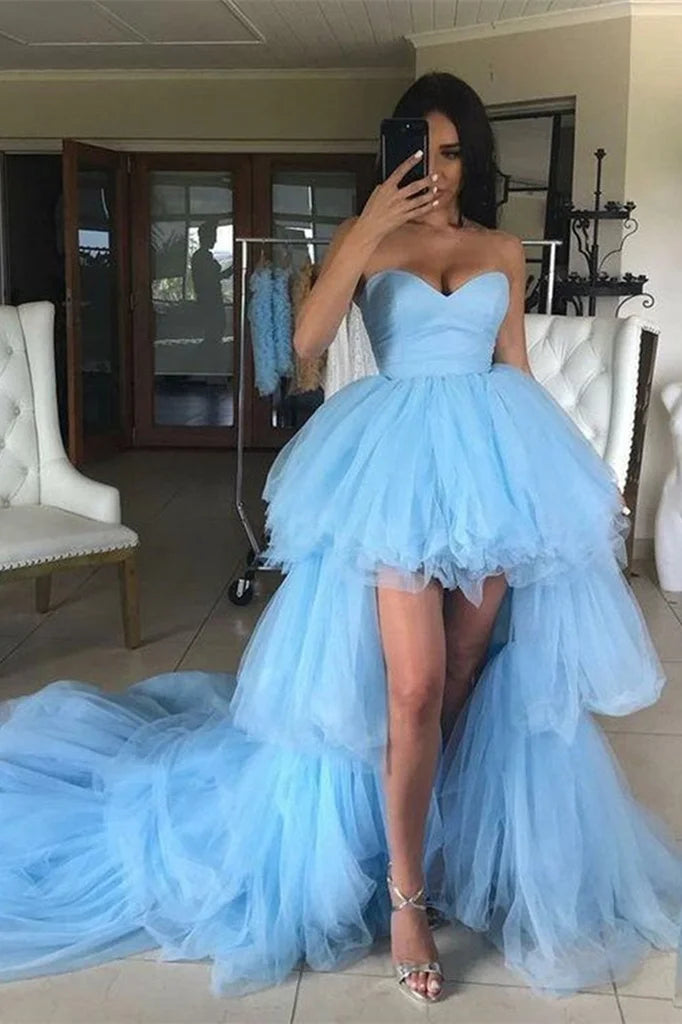 Sky Blue Tulle Graduation Dress Strapless Sweetheart Sleeveless Short Ball Gown Cocktail Dress
