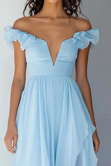 Sky Blue Wedding Guest Dress Chiffon Off The Shoulder Ruffled A Line High-Low Evening Dress