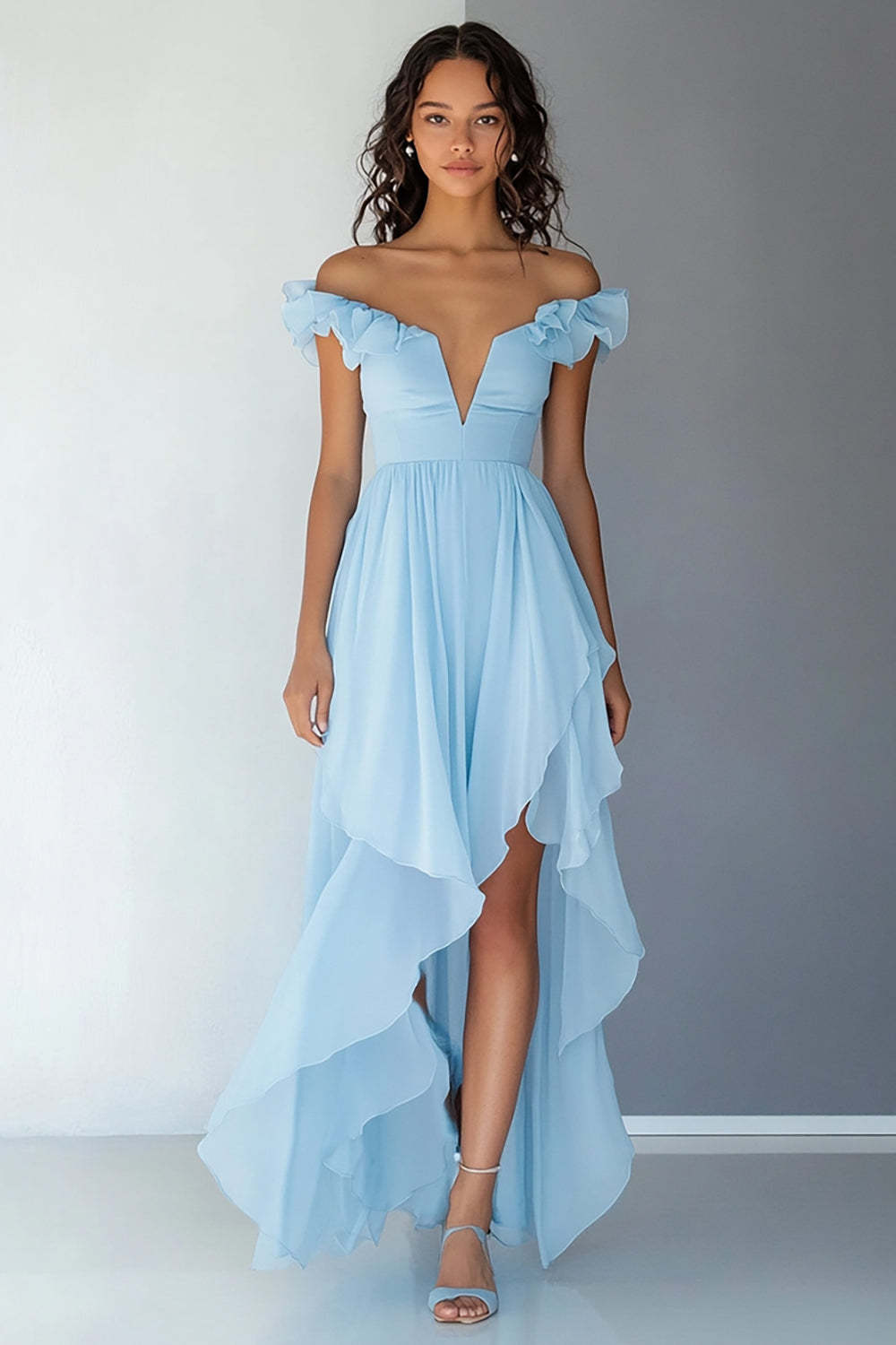 Sky Blue Wedding Guest Dress Chiffon Off The Shoulder Ruffled A Line High-Low Evening Dress