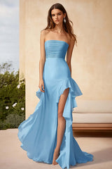 Sky Blue Wedding Guest Dress Chiffon Strapless Long Ruffled Evening Dress With Slit