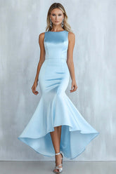 Sky Blue Wedding Guest Dress Mermaid Round Neck Satin Long Evening Dress