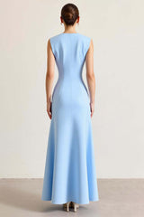 Sky Blue Wedding Guest Dress Satin Boat Neck Long Sheath Evening Dress With Slit