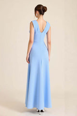 Sky Blue Wedding Guest Dress Satin Sheath V Neck Long Evening Dress With Flowers