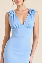 Sky Blue Wedding Guest Dress Satin Sheath V Neck Long Evening Dress With Flowers