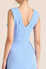 Sky Blue Wedding Guest Dress Satin Sheath V Neck Long Evening Dress With Flowers