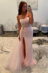 Dreamyannie Light Pink Prom Dress Corset Tulle Long Formal Dress With Slit
