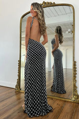 Sophisticated Black Pearls Mermaid V-Neck Backless Slit Prom Evening Gown Formal Evening Gown
