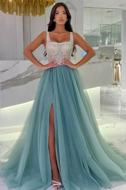 Spaghetti Strap Blue Prom Dress Square Beaded A Line Sleeveless Floor Length Tulle Formal Dress With Slit