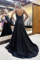 Spaghetti Straps Black Prom Dress A Line Long Formal Dress With Beadings