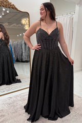 Spaghetti Straps Black Prom Dress A Line Long Formal Dress With Beadings