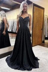 Spaghetti Straps Black Prom Dress A Line Long Formal Dress With Beadings