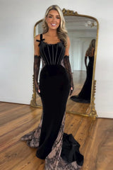 Spaghetti Straps Black Velvet Evening Dress Mermaid Corset Long Christmas Party Dress