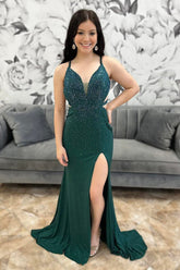 Spaghetti Straps Dark Green Prom Dress Mermaid Evening Dress With Slit