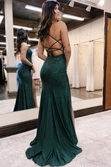Spaghetti Straps Floral Dark Green Prom Dress Formal Dress With Slit