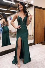 Spaghetti Straps Floral Dark Green Prom Dress Formal Dress With Slit