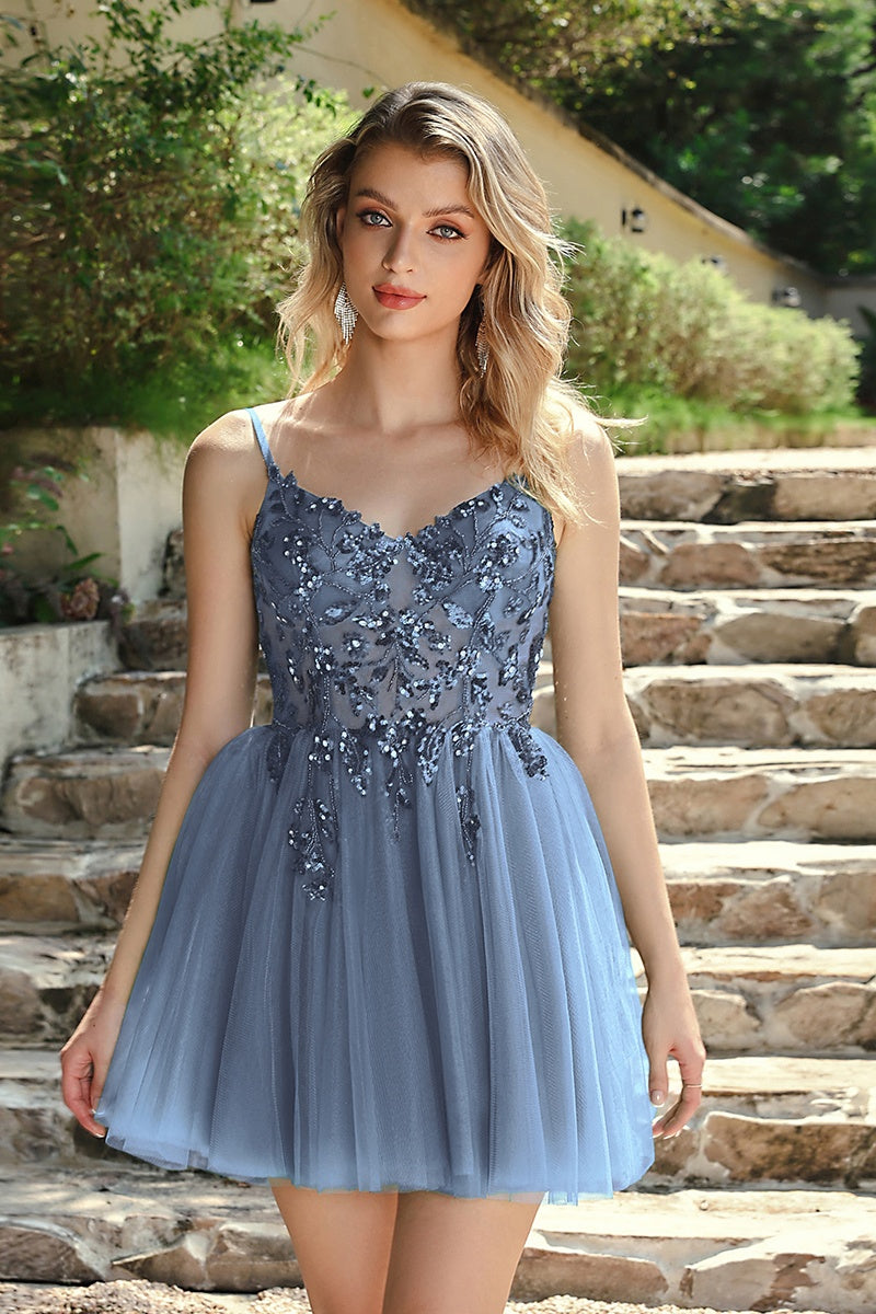 Spaghetti Straps Graduation Dress Sequin A Line Tulle Short Prom Dress