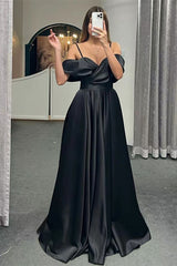 Spaghetti Straps Off the Shoulder A Line Lace Up Back Long Evening Dress